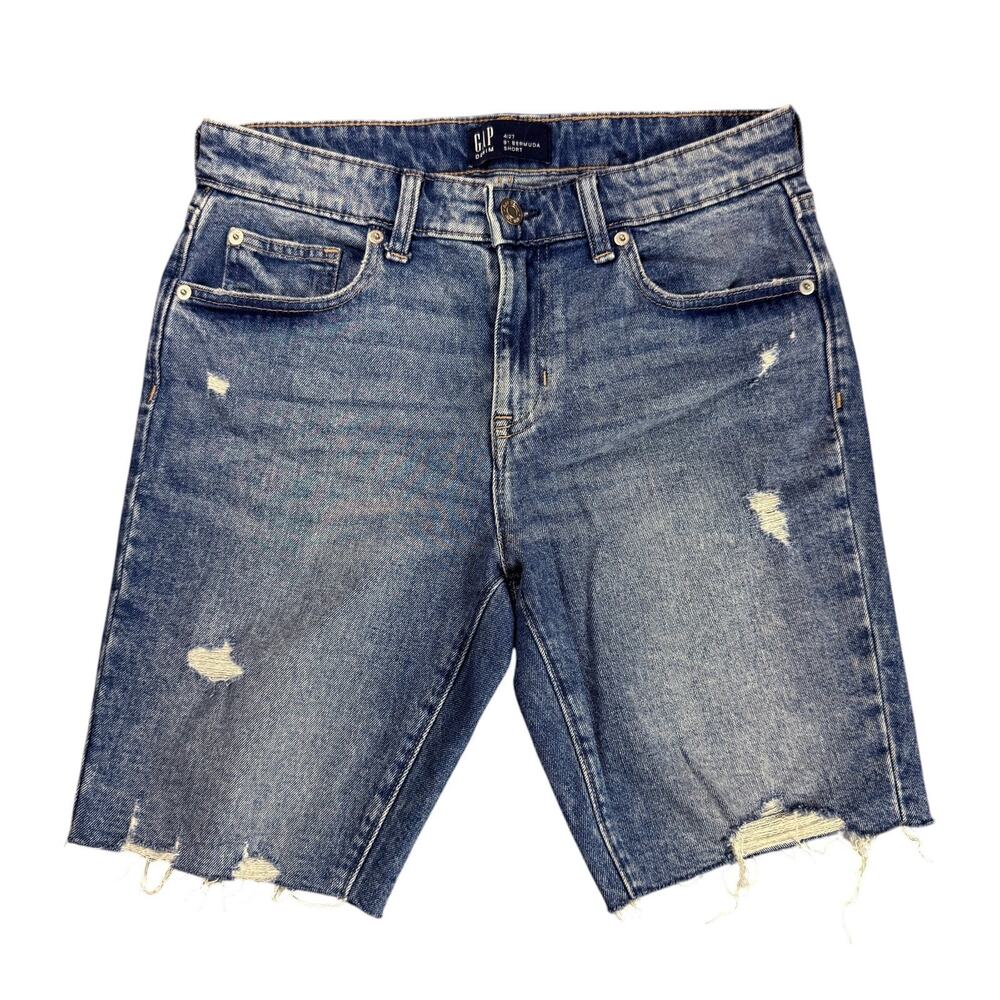 Gap Denim Distressed 9" Bermuda Jean Cutoff Shorts Blue Stretch Womens Size 4/27